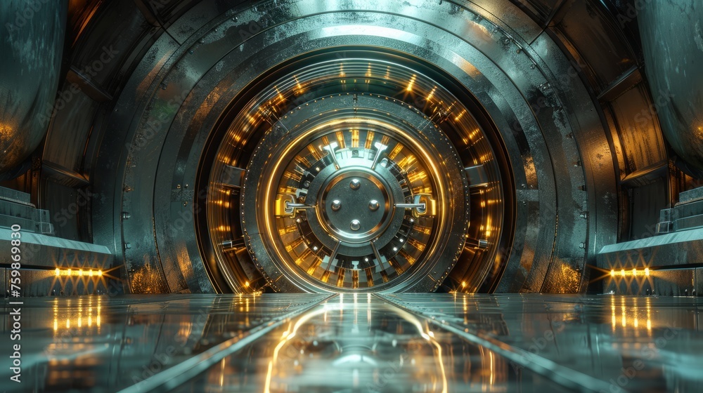 Poster secure financial technology vault door with futuristic interface. the concept of robust security mea