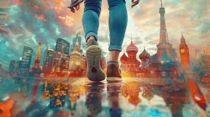 Dynamic perspective of a traveler sneakers on a vibrant, colorful street with collage images of important landmarks - obrazy, fototapety, plakaty