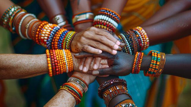 A group of people celebrating with intricate henna designs and traditional Indian bangles and bracelets.