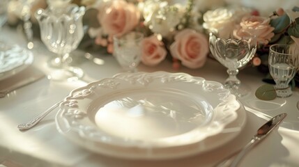 Elegant table setting with pink flowers in restaurant, Festive table setting for Valentine's Day