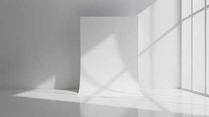 Blank White Paper Poster Leaning on White Studio Room Wall as Copy Space