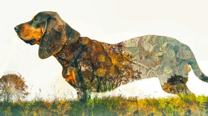 Double Exposure: Basset Hound Silhouette and Watercolor Park Gen AI