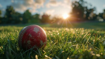 A day at the cricket field with a ball resting on the lush grass