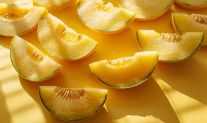 Poster Slices of a juicy yellow watermelon on vibrant yellow color background with sunlight and shadows. Refreshing summer food concept banner. © Denis