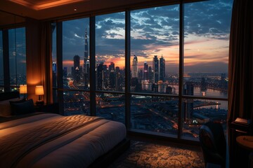A luxurious hotel room with a panoramic view of the city skyline at night, showcasing twinkling lights and bustling streets below.