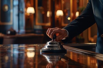 A concierges hand poised above a classic service bell at a luxurious hotel lobby. - obrazy, fototapety, plakaty