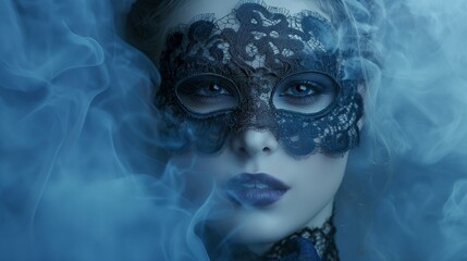 A mysterious atmosphere with a girl model wearing a lace mask, set against a misty indigo background, creating an enigmatic vibe.