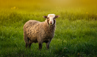 a funny sheep grazes on a green meadow and chews juicy grass