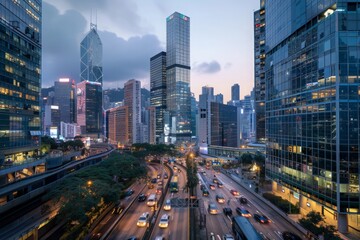 A chaotic scene unfolds on a city street filled with heavy traffic flowing past towering skyscrapers under the twilight sky. - obrazy, fototapety, plakaty