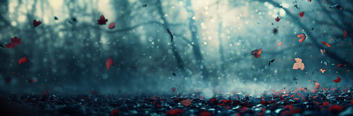 Whispering Woods: Enigmatic Forest with Red Leaves and Mist