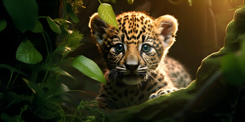 A leopard and her cub in the jungle, A cute baby jaguar walking .close up of a leopard. HD wallpaper