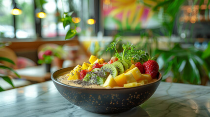 Fresh fruit bowl on a restaurant table.