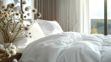 Bright bedroom with white bedding and flowers