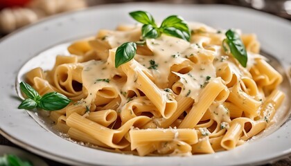 delicious pasta with melted cheese on the table, delicious pasta in the plate, pasta with cheese