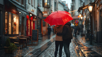 Two people under a red umbrella in a rainy city.