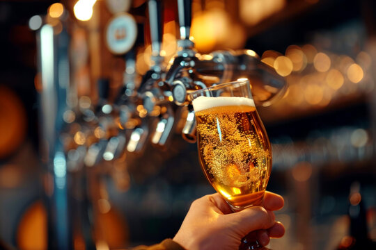 Hand of the bartender pouring a beer on tap. Pouring beer for client. Side view of pouring beer while standing at the bar counter