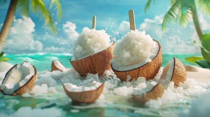 Obraz na płótnie Canvas Coconut shaved ice in a 3D cartoon tropical island, refreshing escape