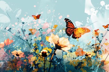 Obraz na płótnie Canvas Abstract depiction of nature transitioning into spring Featuring blossoming flowers and fluttering butterflies against a fresh backdrop