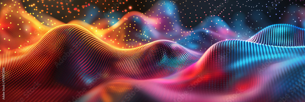 Poster neon light waves with sparkling particles. dynamic flow of glowing lines for futuristic poster and d