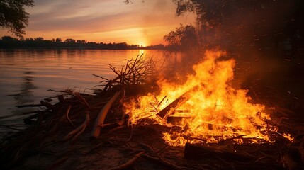 A bright burning bonfire on the shore. - obrazy, fototapety, plakaty