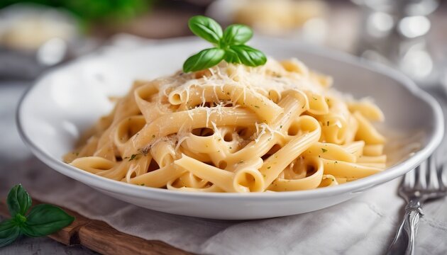 delicious pasta with melted cheese on the table, delicious pasta in the plate, pasta with cheese