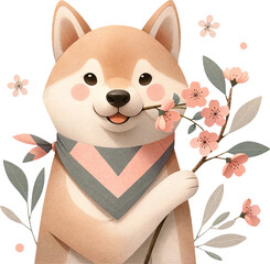 Shiba Inu dog Carrying a Branch in cherry blossom festival