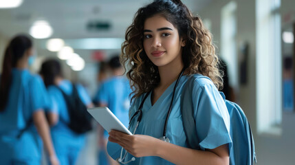 Young female healthcare student in blue scrubs holding a tablet, with a stethoscope around her neck, standing in a hospital corridor with other healthcare workers in the background.