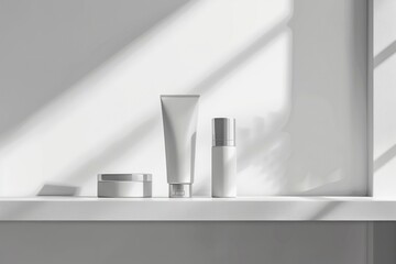 Mock-up white cosmetic bottles and a cream jar on a white shelf against a light background