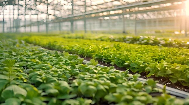 Young, vibrant green seedlings thrive in a sunlit greenhouse, symbolizing sustainable agriculture and the nurturing of plant life.