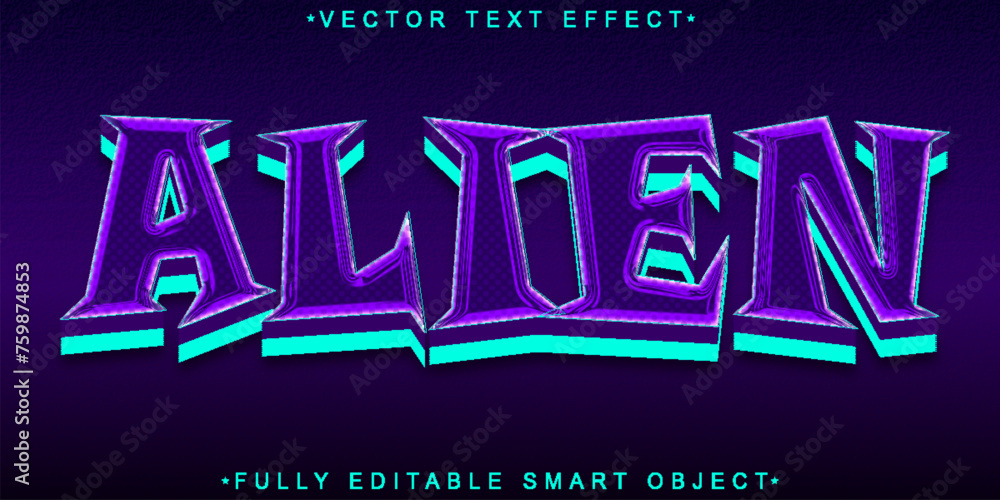 Sticker Cartoon Purple Turquoise Alien Vector Fully Editable Smart Object Text Effect