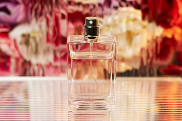 Floral aroma. Perfume spray on a bright multicolored floral background. Modern sleek design. Perfumes for women and girls
