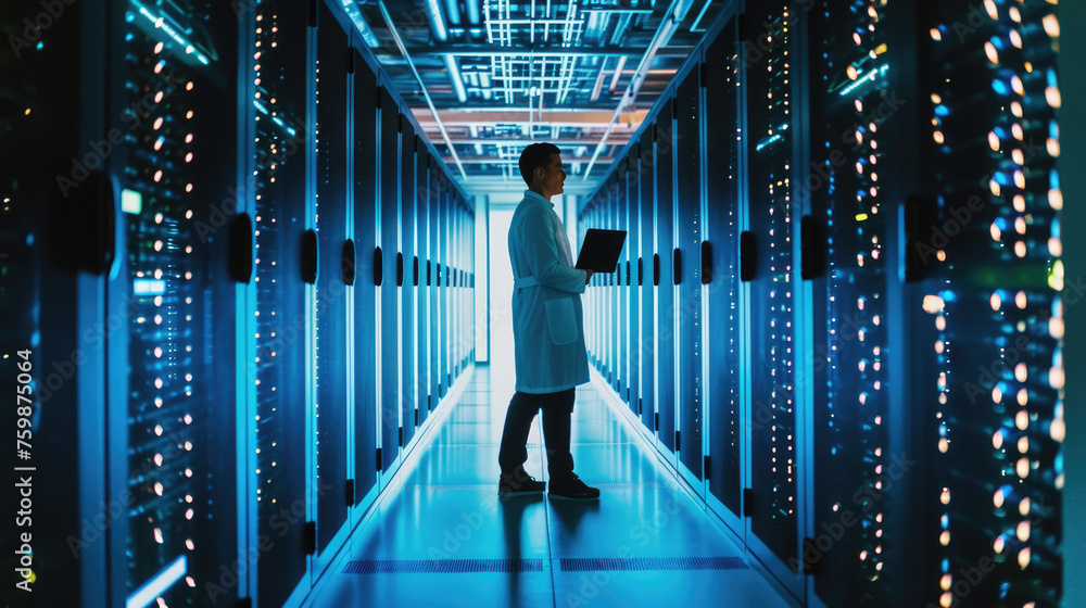 Aufkleber focused it professional using a laptop while standing in a server room with racks of network equipme