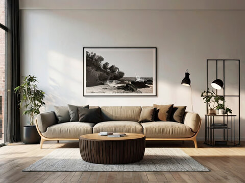 Home interior design of modern living room with Curved sofa against arched window near white living wall with painting art poster frame with white Background
