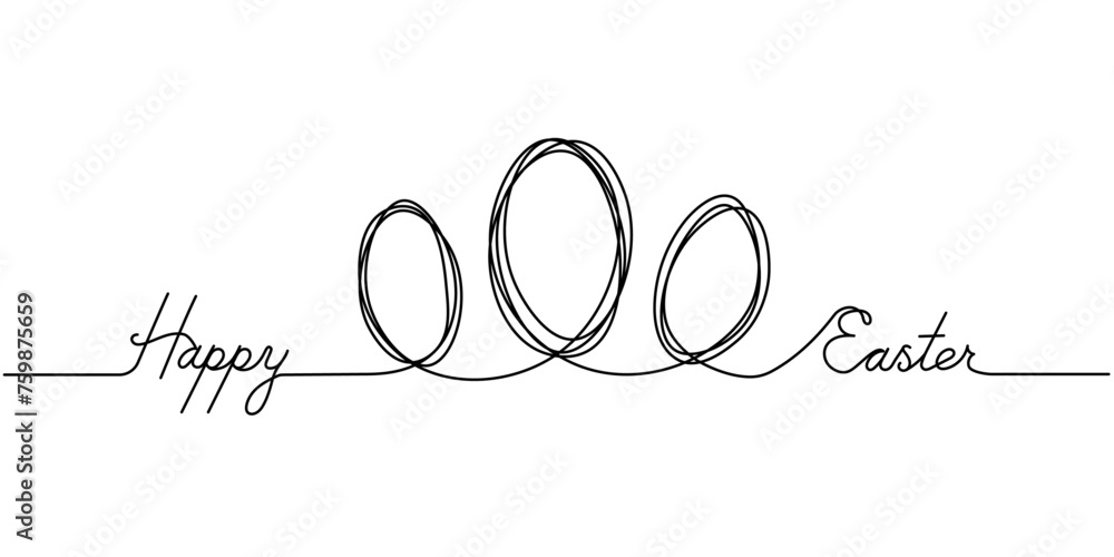 Poster happy easter calligraphy line art lettering, continuous one line drawing of three eggs isolated on t