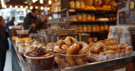 Sugary churros paired with a rich chocolate sauce, ready to be enjoyed in a cozy cafe setting.
