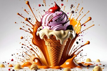 A delicious explosion of ice cream on a light background