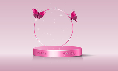 Mothers day background, Pink podium with flying butterflies. 3D Platform for product, cosmetic presentation. Mock up. Pedestal for beauty products. Vector illustration pink rose banner