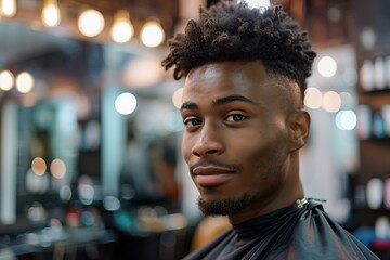 Portrait of handsome black man at barber looking at camera.  - 759875852
