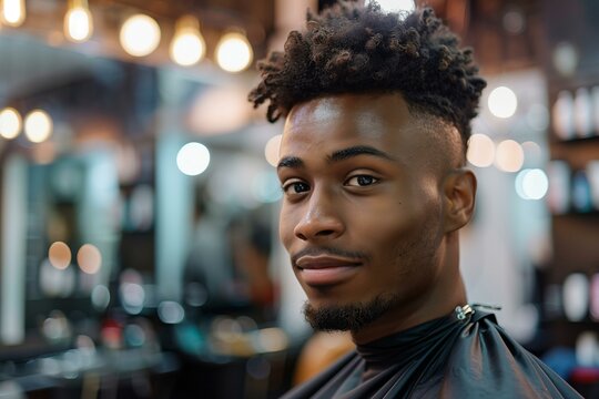 Portrait of handsome black man at barber looking at camera. 
