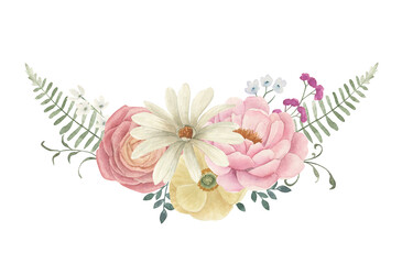 Watercolor flowers vintage border. Hand drawn floral isolated illustration on white background.