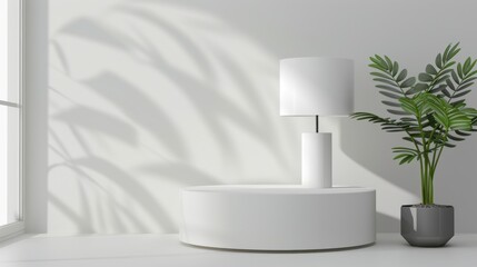 3d realistic modern podium product display (mainly white or grey background, lamp,