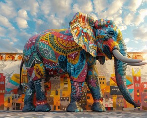 Colorful elephant, tribal patterns, majestic animal, wandering through a lively city mural, under a vibrant sun, 3D render, golden hour, depth of field bokeh effect