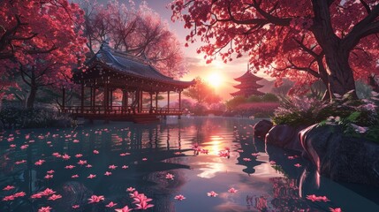 The setting sun casts a warm glow over a traditional Japanese garden, where cherry blossoms gently fall onto the tranquil pond below.