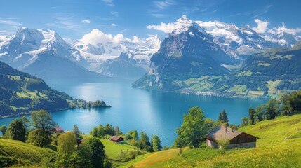 Lush green meadows and traditional Swiss houses overlook a serene lake with majestic snow-capped Alps in the background.