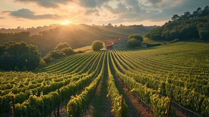 The golden sun sets behind the rolling hills of a lush vineyard, casting a warm glow over the grapevines. - obrazy, fototapety, plakaty