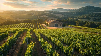 Early morning sun rays spill over a vast vineyard, highlighting the vibrant green grapevines and the estate nestled among the hills. - obrazy, fototapety, plakaty