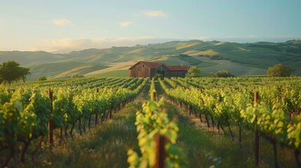 Fototapeta na wymiar Morning sun rays bathe a Tuscan vineyard, highlighting the lush green vines and an old rustic farmhouse.