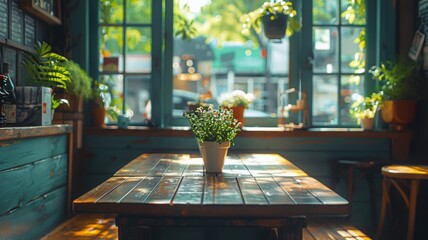Cozy cafe interior with sunlight shining through window onto wooden table - obrazy, fototapety, plakaty
