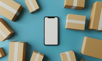 white smartphone with lots of cardboard boxes inside on blue background, online shopping concept