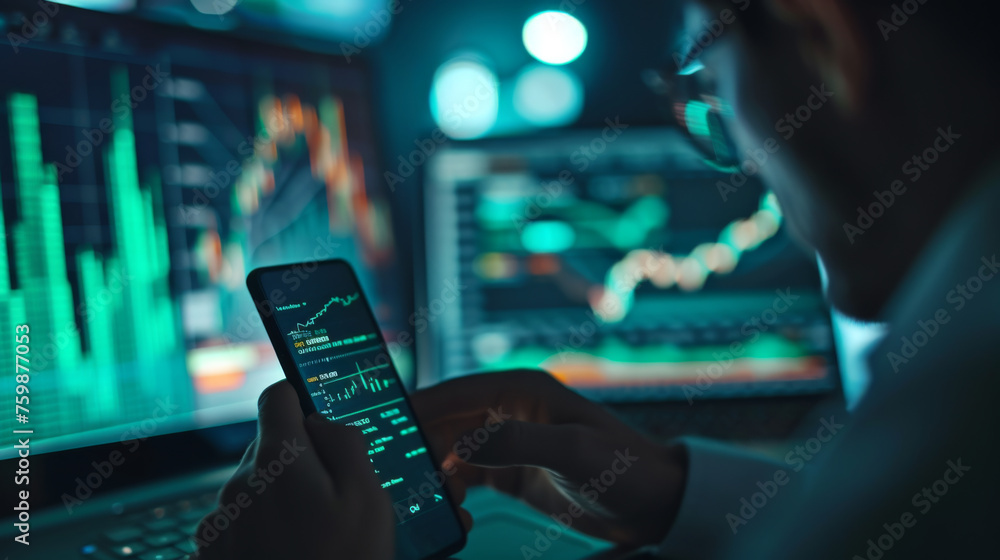 Poster a person is holding a smartphone with stock market data on the screen, with a blurred background sho